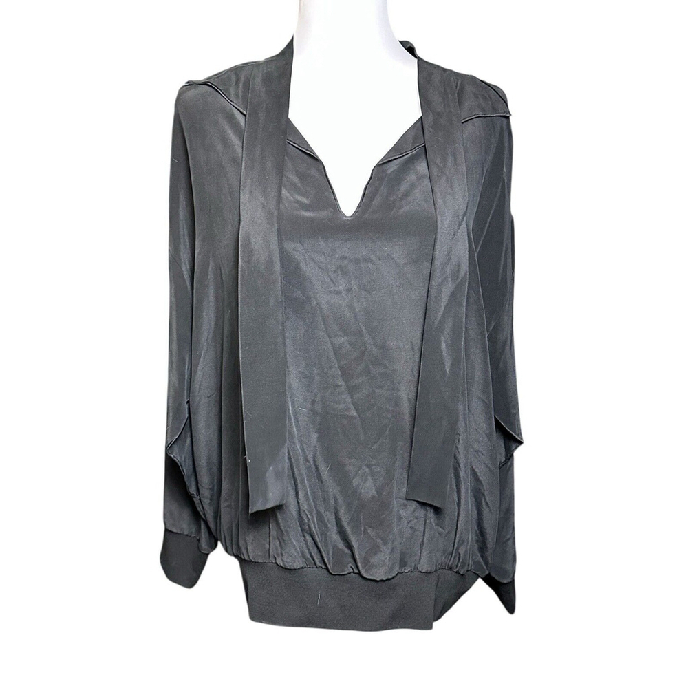 XD Xenia Design Black V Neck Silk Long Sleeve Blouse Slit Sleeves Tie Neck MED